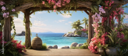 In the background of the summer beach a beautiful floral design made of vibrant flowers lush green grass and leafy landscapes stood out creating an enchanting garden like ambiance perfect f © TheWaterMeloonProjec