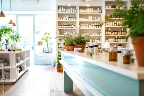 Interior of a bright pharmacy of alternative medicine, homeopathy and naturopathy. photo