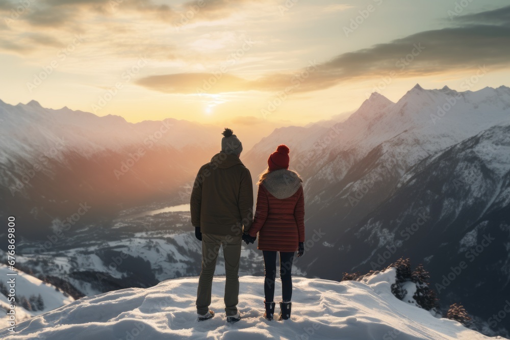 Happy couple standing on the edge of a scenic snowy landscape, They are holding hands and looking into the distance, with a backdrop of snow-capped mountains and a setting sun. AI generative