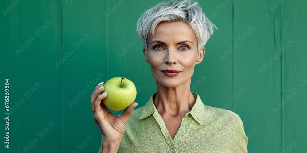 Smiling Mature Lady Holds an Apple, Portrait Against a Turquoise Backdrop, AI generated Smiling Mature Lady Holds an Apple, Portrait Against a Turquoise Backdrop, AI generated