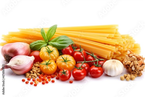 Pasta and ingredients for a tomato and pesto sauce, illustration isolated on a white background.