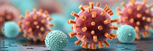 Close up of flu covid 19 virus cell on outbreak influenza background, conceptual image photo