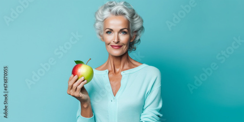 Radiant Elderly Lady Smiles  Holding an Apple Against a Blue Backdrop  AI generated
