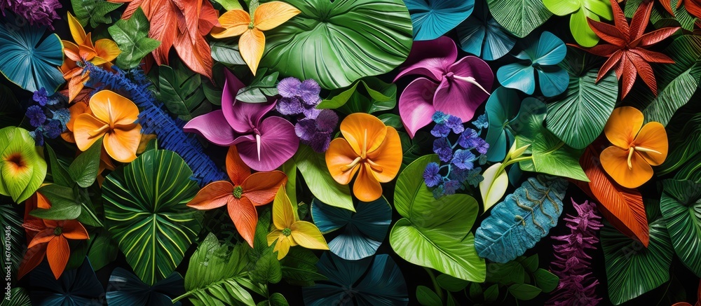 In the colorful garden the vibrant and tropical flowers create a stunning pattern against the backdrop of the lush green leaves showcasing the natural beauty of the summer and spring season In the colorful garden the vibrant and tropical flowers create a stunning pattern against the backdrop of the lush green leaves showcasing the natural beauty of the summer and spring season