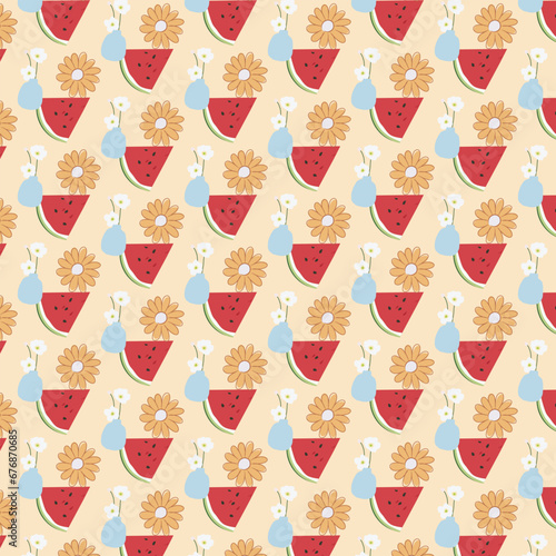 seamless pattern with flowers and watermelon