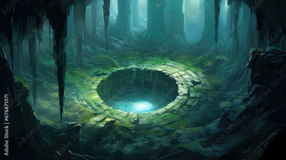 Obraz premium Water well in a deep cavern. Fantasy illustration.