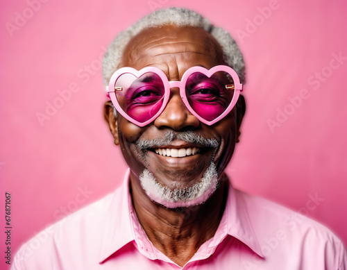 elderly happy african man wearing heart symbol shaped glasses