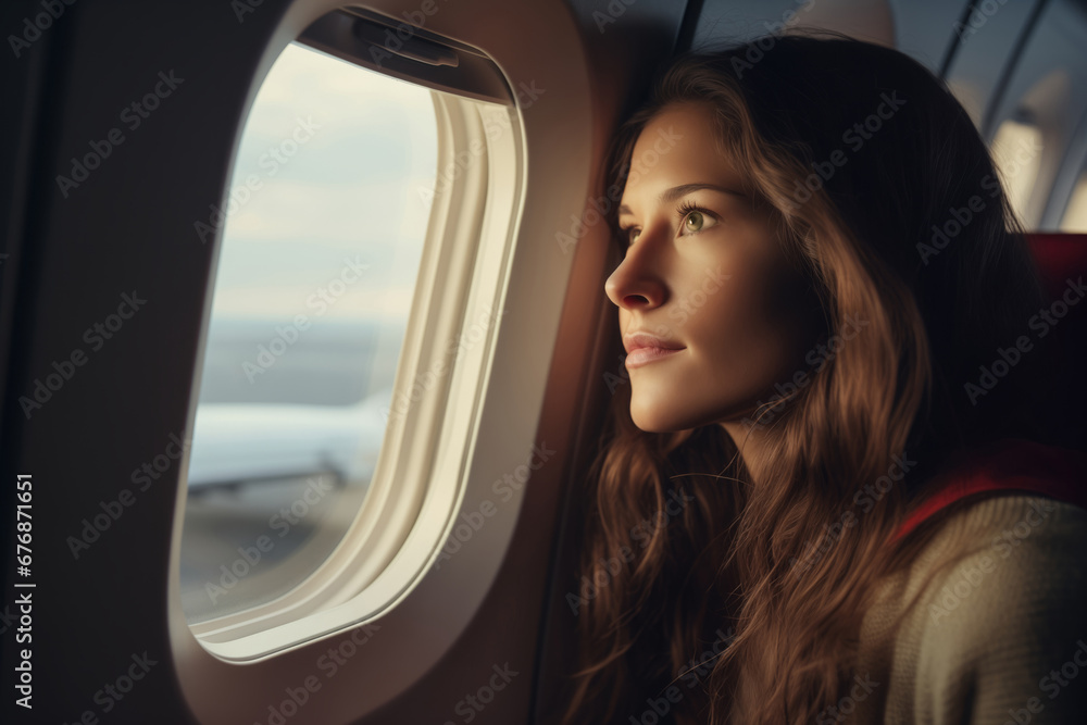 A pretty young woman sitting in a seat in airplane and looking out the window. A pretty young woman sitting in a seat in airplane and looking out the window.