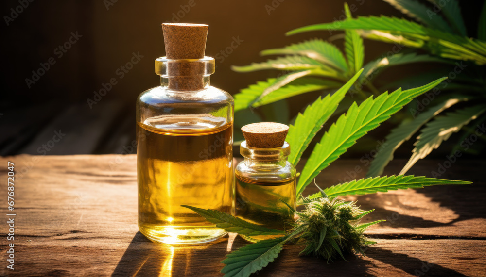 CBD Oil with Indian Hemp Leaves on Wooden Table - Natural Wellness - Generative AI CBD Oil with Indian Hemp Leaves on Wooden Table - Natural Wellness - Generative AI