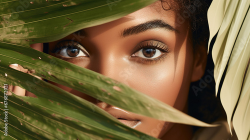 portrait of a young woman with beautiful eyes, covering part of face with monsteras leaf, advertising, healthy cosmetics