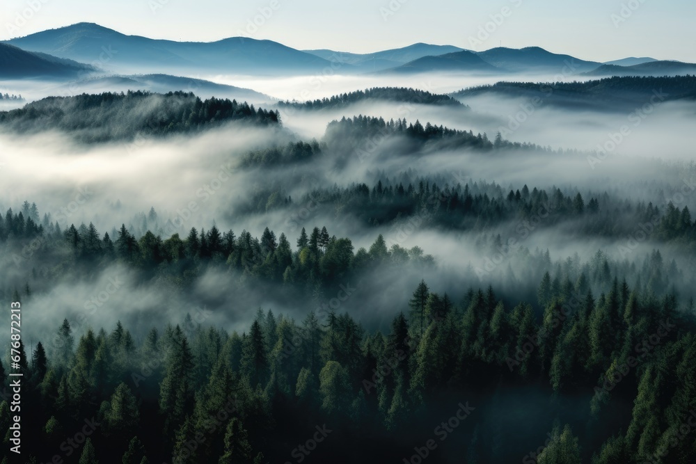 Aerial view of a mist-covered forest, Green forest 