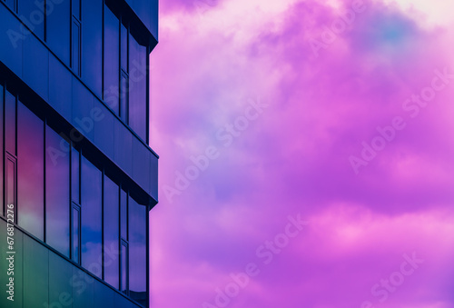 Minimalistic abstract background with generic commercial building and cloudy sky painted in pastel saturated colors photo