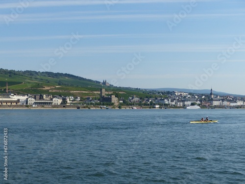 Beautiful view of the breathtaking Rhein with the background of buildings in Germany on daytime