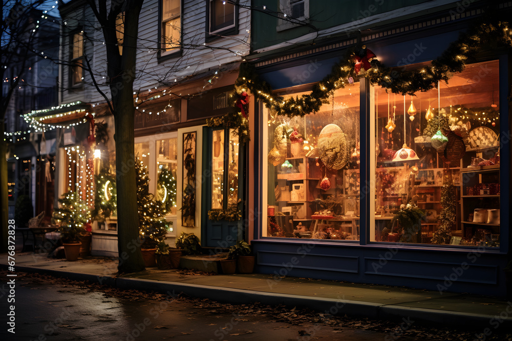 Storefronts decorated with Christmas lights and displays