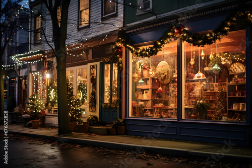 Storefronts decorated with Christmas lights and displays © h3bs