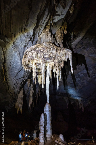 Limestone cave of stalactite and stalagmite formations, Gruta da Lapa Doce Cave, Chapada Diamantina in Bahia, Brazil. photo