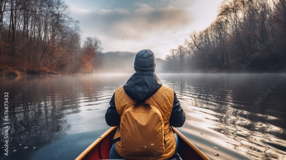 Rear view of Male traveler in winter coat canoeing on Lake Rear view of Male traveler in winter coat canoeing on Lake