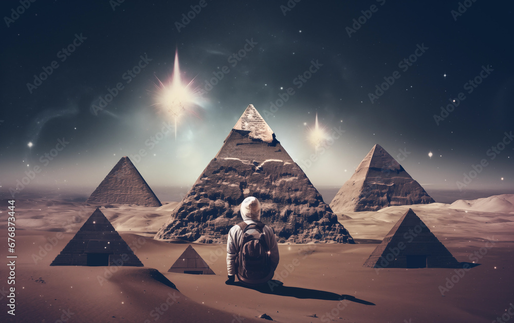 The pyramids and astronaut, in the style of collage-inspired Generated AI