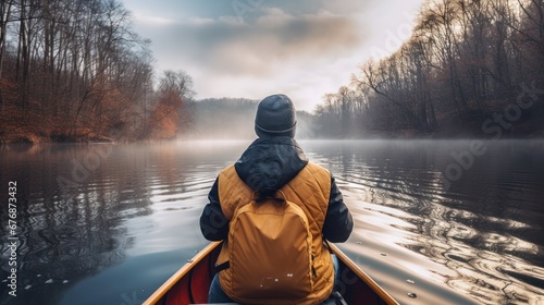 Rear view of Male traveler in winter coat canoeing on Lake 