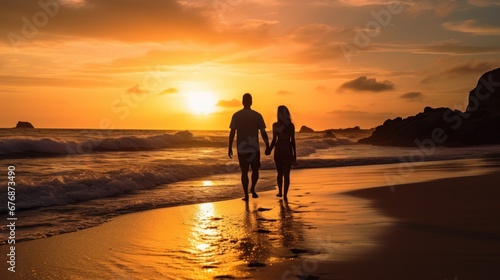 Rear view of silhouette Romantic middle aged couple enjoying beautiful sunset walk on the beach © CStock