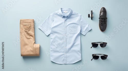 Top view Men's casual outfits with man clothing and accessories on, light blue background.  photo