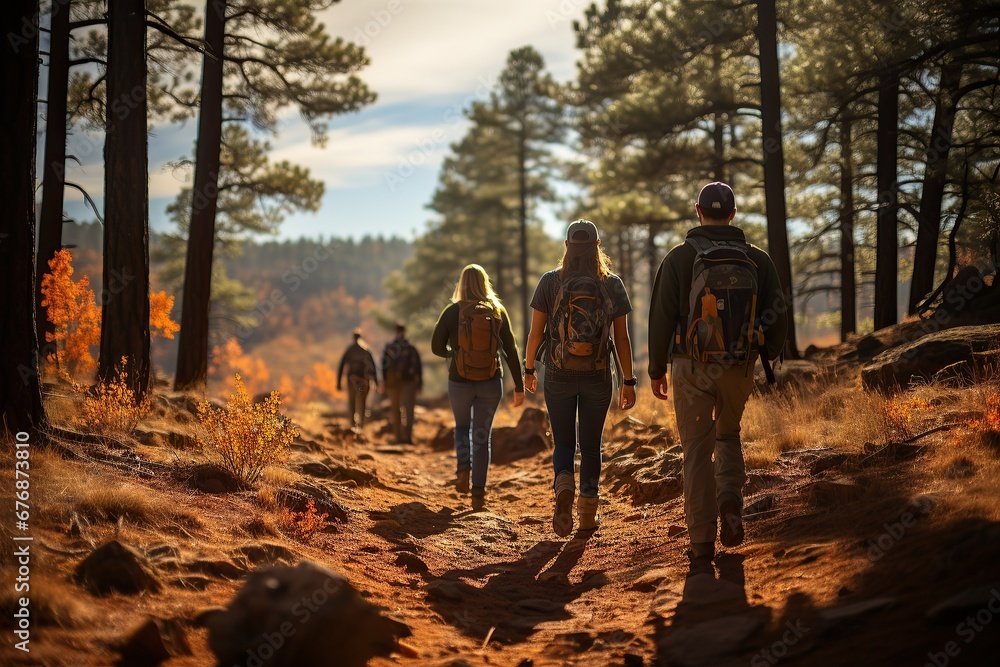 Hiking with friends: photo of a group of tourists in the forest Hiking with friends: photo of a group of tourists in the forest