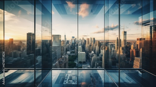 View through glass windows for take aerial view of buildings in the city