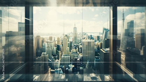 View through glass windows for take aerial view of buildings in the city
