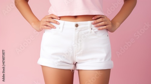 Woman's casual summer vacation outfits with white t-shirts, denim shorts
