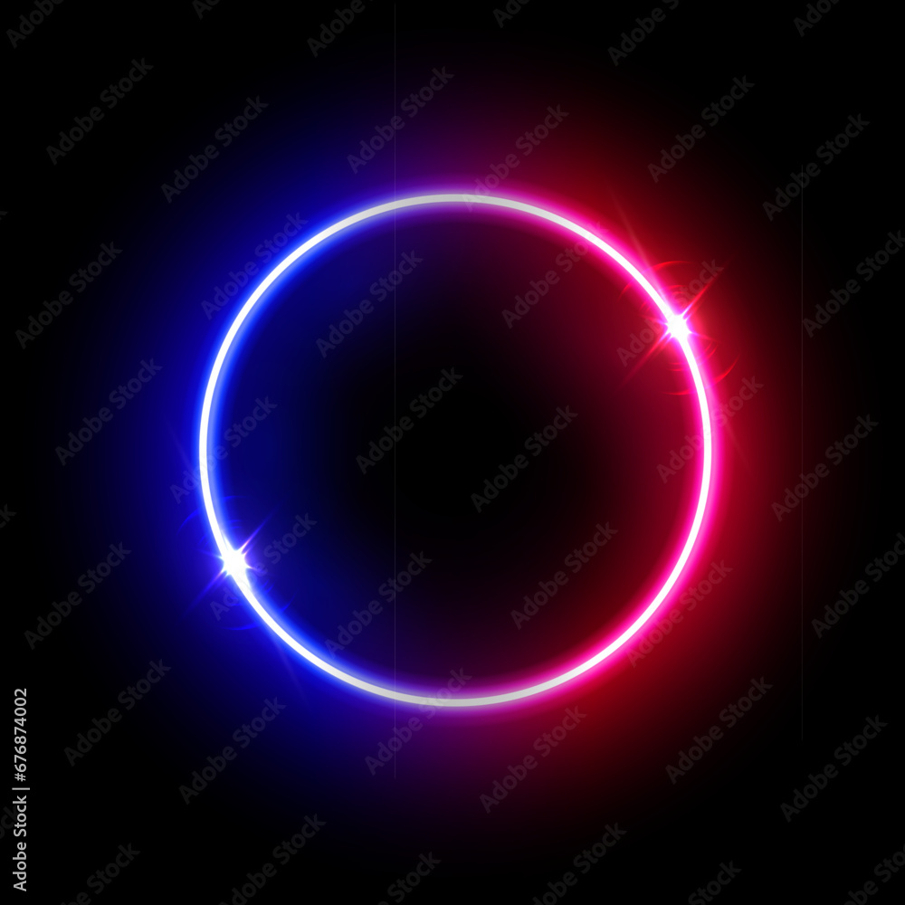 Fototapeta premium Glowing neon light red blue circle isolated on black background. Abstract round electric frame. Geometric fashion design vector illustration. Empty minimal ring art decoration