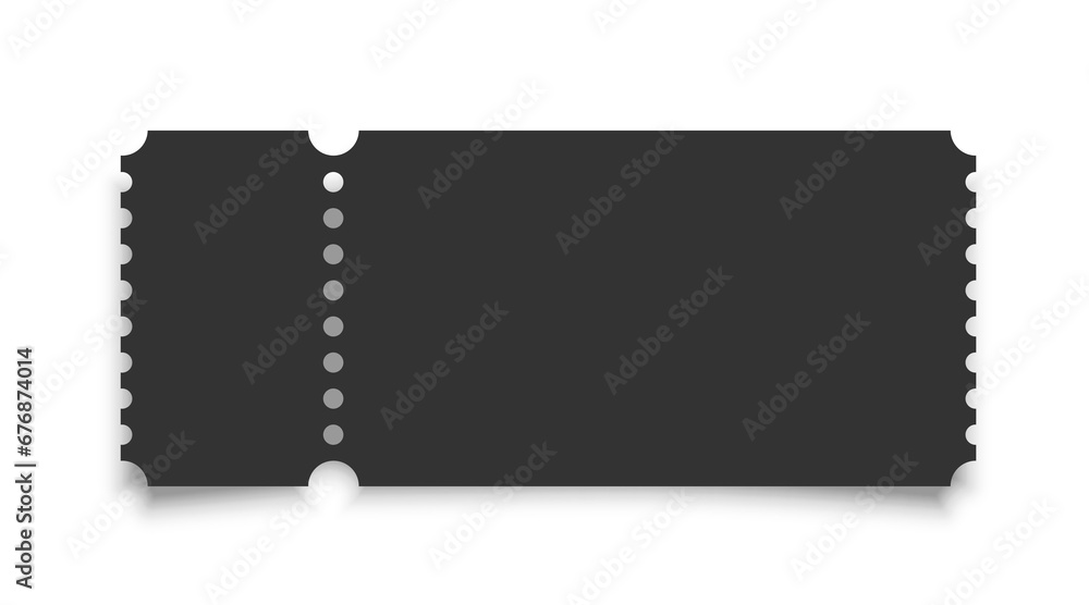 Cinema ticket realistic vector template. Retro black paper coupon for event, discount voucher mockup with text space on white background. Concert, movie, raffle, carnival blank pass - obrazy, fototapety, plakaty 
