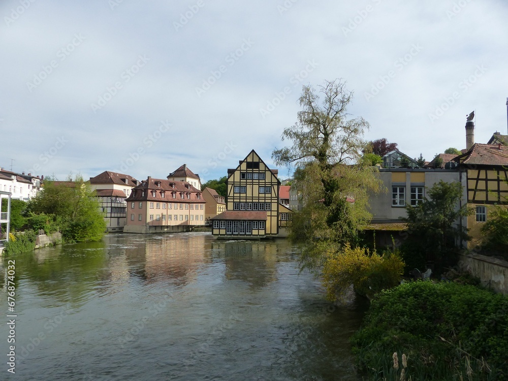 Aerial view of lake surrounded by buildings in Bamberg Aerial view of lake surrounded by buildings in Bamberg