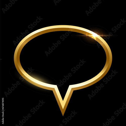 3D gold frame of speech bubble vector illustration. Realistic glossy golden balloon of social media chat on black background, elegant shiny dialog conversation cloud template with glow light effect
