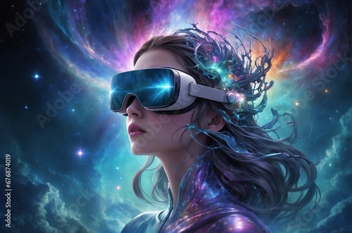Scifi woman wearing with vr mask in space