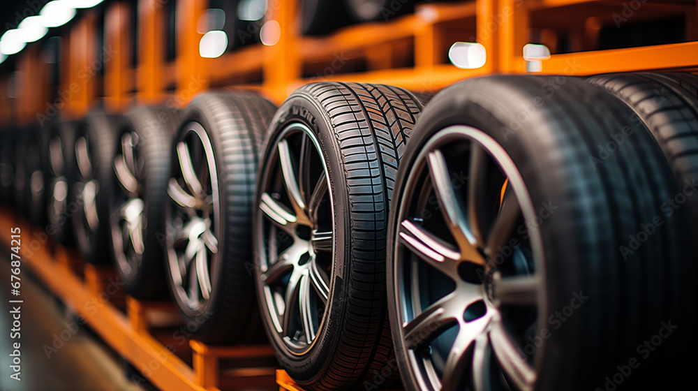 Fototapeta premium Car tires in the shop. Auto service industry. Selective focus. 3d rendering of car tires in a car repair service station. Rows of car tires in warehouse. 