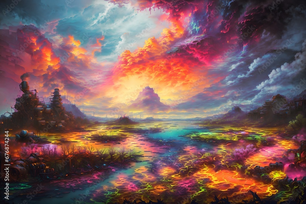 Abstraction of Beautiful panorama of a painted landscape with a lake Abstraction of Beautiful panorama of a painted landscape with a lake