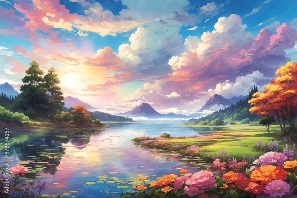 Beautiful panorama of a painted landscape with a lake Beautiful panorama of a painted landscape with a lake
