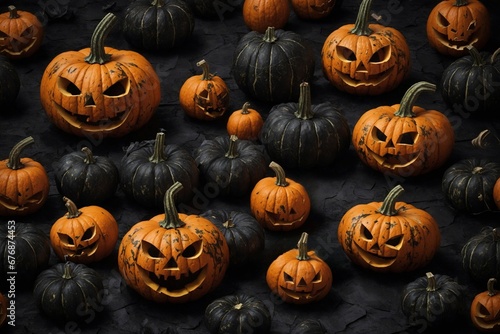 Halloween background with pumpkins on black dark background as texture