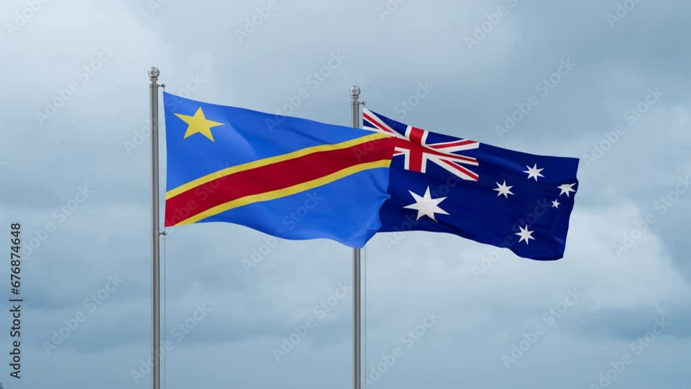 Australia flag and Democratic Republic of the Congo flag waving together on cloudy sky, endless seamless loop, two country relations concept Australia flag and Democratic Republic of the Congo flag waving together on cloudy sky, endless seamless loop, two country relations concept