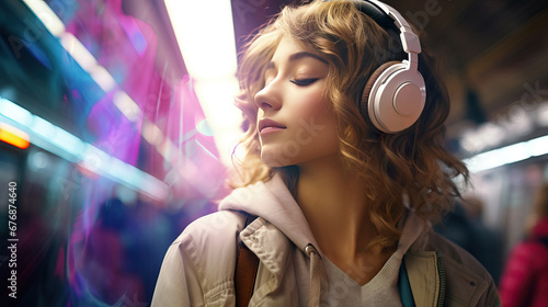 A student girl in wireless headphones listens to music with pleasure in the subway