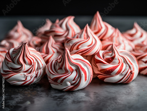 Candy cane-shaped peppermint meringues with red and white swirls