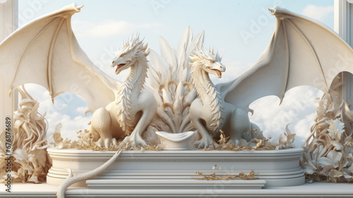 Two majestic white statues of dragons with outstretched wings stand guard. Symbol of the 2024 new year according to the Eastern calendar