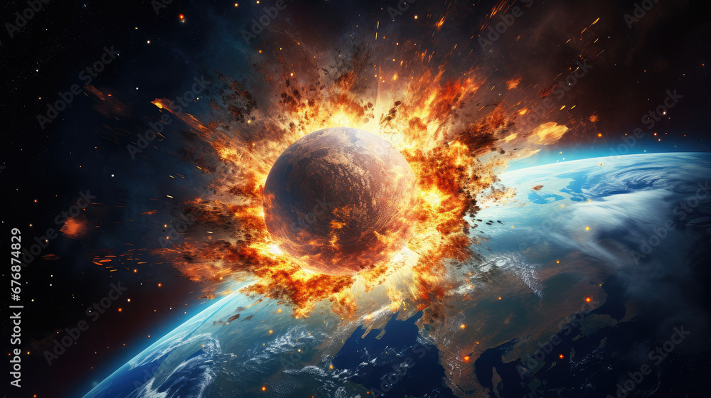 A flying burning exoplanet in flames entering the ozone layer. Collision with the planet earth. Fictional state of the cosmos - obrazy, fototapety, plakaty 