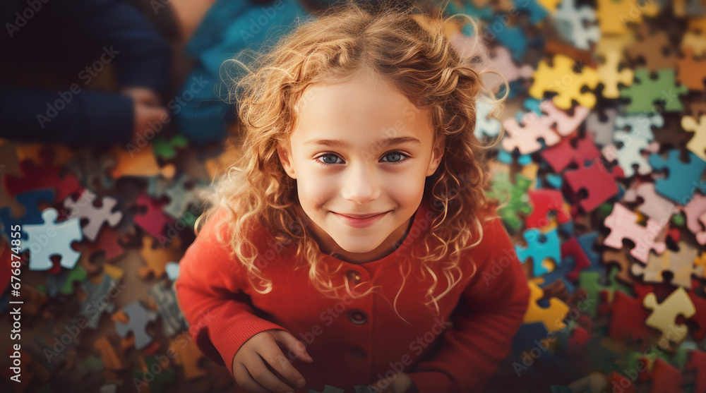 A cute curly-haired girl with autism syndrome looks up at the camera. A bunch of colorful puzzle pieces on the floor A cute curly-haired girl with autism syndrome looks up at the camera. A bunch of colorful puzzle pieces on the floor