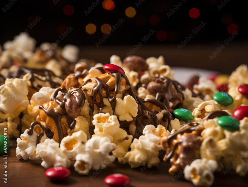 Caramel and chocolate-drizzled popcorn mixed with holiday-themed candies
Caramel and chocolate-drizzled popcorn mixed with holiday-themed candies