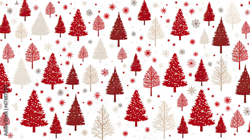 Background with the image of red Christmas trees, stars and snowflakes on a white background. New Year's template for flyers