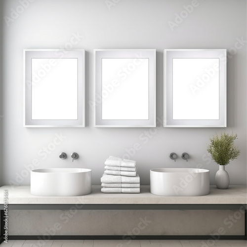 three square, picture frames, white perfect square frames, vertically aligned on the wall. Bathroom setting. blank picture in the frames. mock-up. © نيلو ڤر