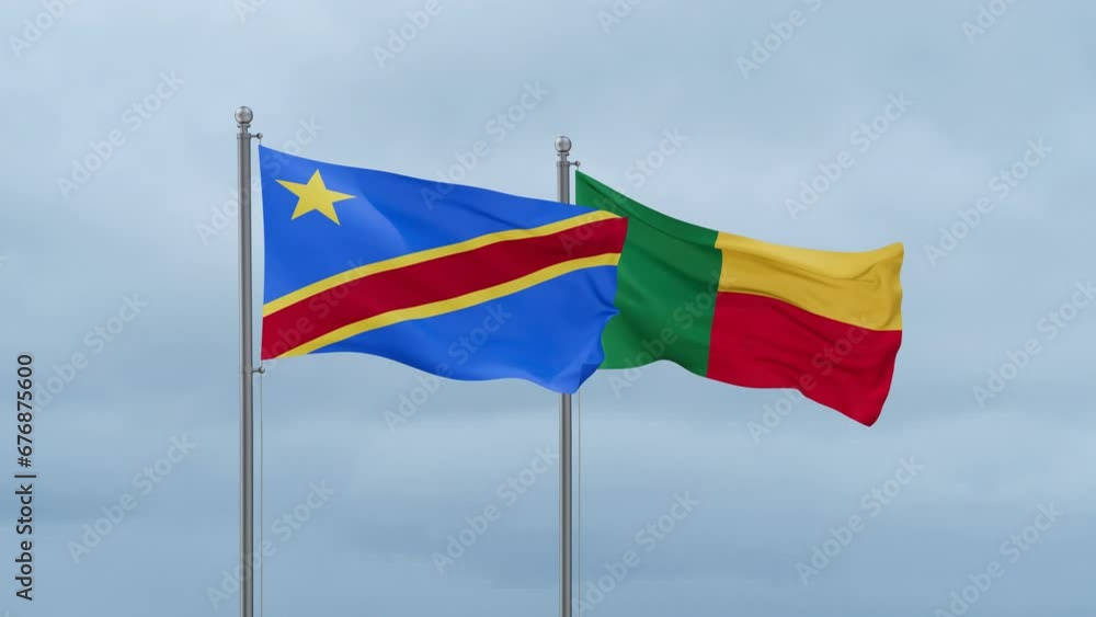 Democratic Republic of the Congo flag and Benin flag waving together on cloudy sky, endless seamless loop Democratic Republic of the Congo flag and Benin flag waving together on cloudy sky, endless seamless loop