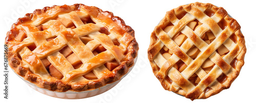 Classic apple pie with a lattice crust bundle (side, top view) isolated on white background, food collection