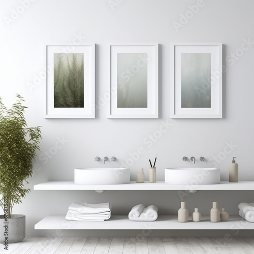 three square  picture frames  white perfect square frames  vertically aligned on the wall. Bathroom setting. blank picture in the frames. mock-up.